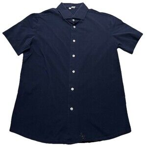 Men's State & Liberty The Deke Pique Short Sleeve Button Down Shirt Large Navy